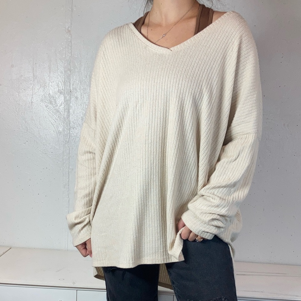 Ribbed Cream V Neck Flowy Long Sleeve Cozy Fall Top
